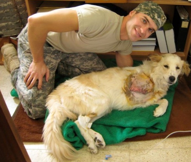 Elliott Garber in army uniform with a dog