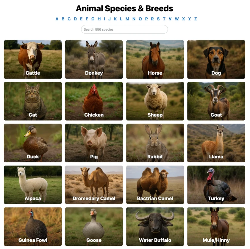 Species & Breeds page screenshot