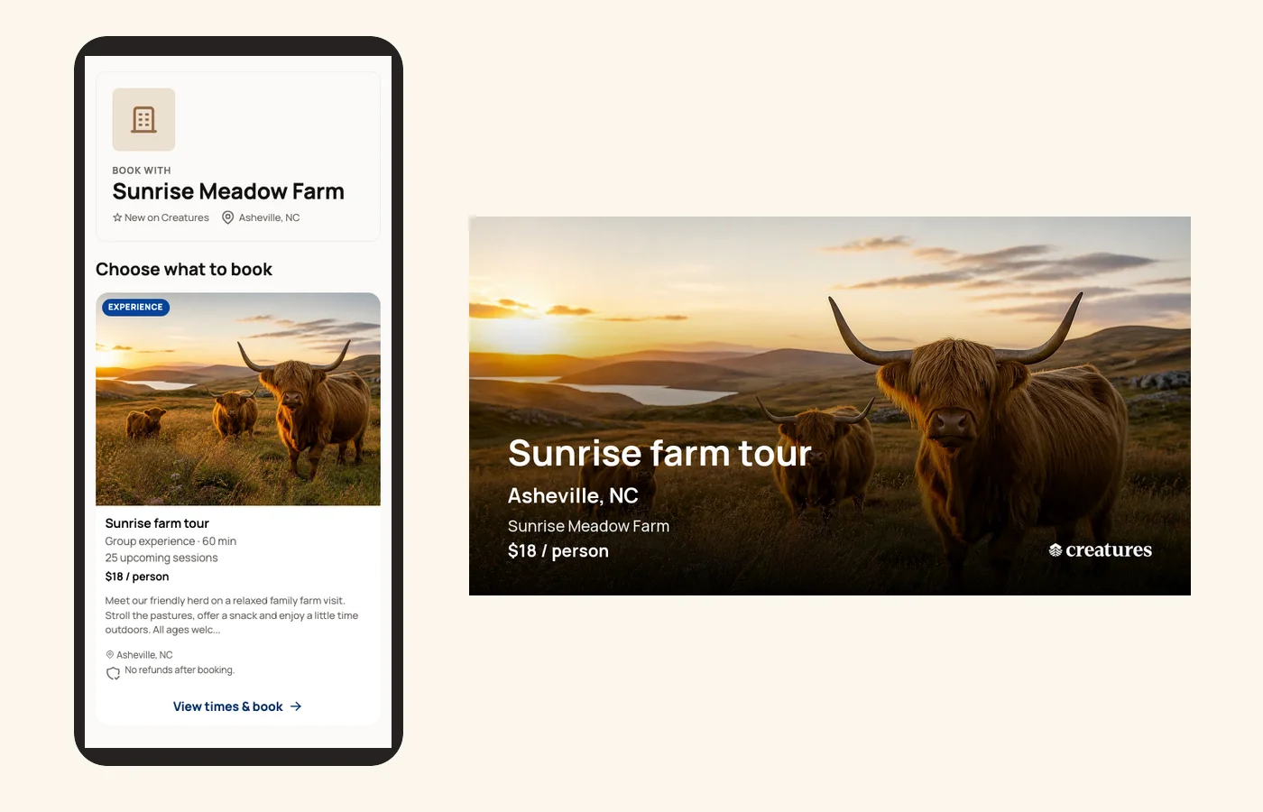 A booking page on a phone beside the share card guests see when the link is posted
