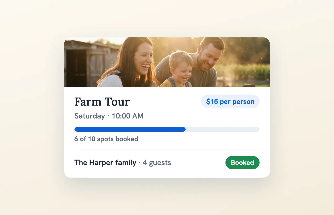 A farm tour listing in Creatures with per-person pricing, booked spots, and a confirmed family booking