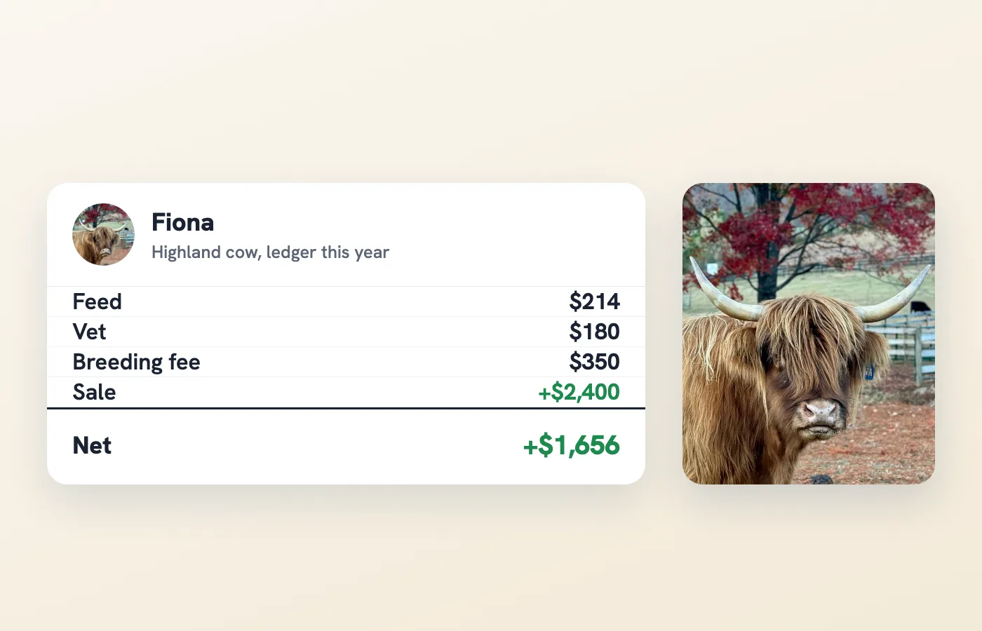 A per-animal ledger in Creatures showing feed, vet, and breeding costs against a sale, with photos of the Highland cow it belongs to